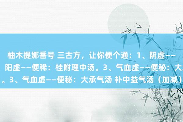 柚木提娜番号 三古方，让你便个通：1、阴虚——便干：增液承气汤。2、阳虚——便稀：桂附理中汤。3、气血虚——便秘：大承气汤 补中益气汤（加减）